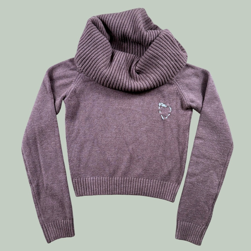 Subdued Cowl Neck Sweater Women S Mauve "Heart Embroidered" Cropped Pullover Y2K